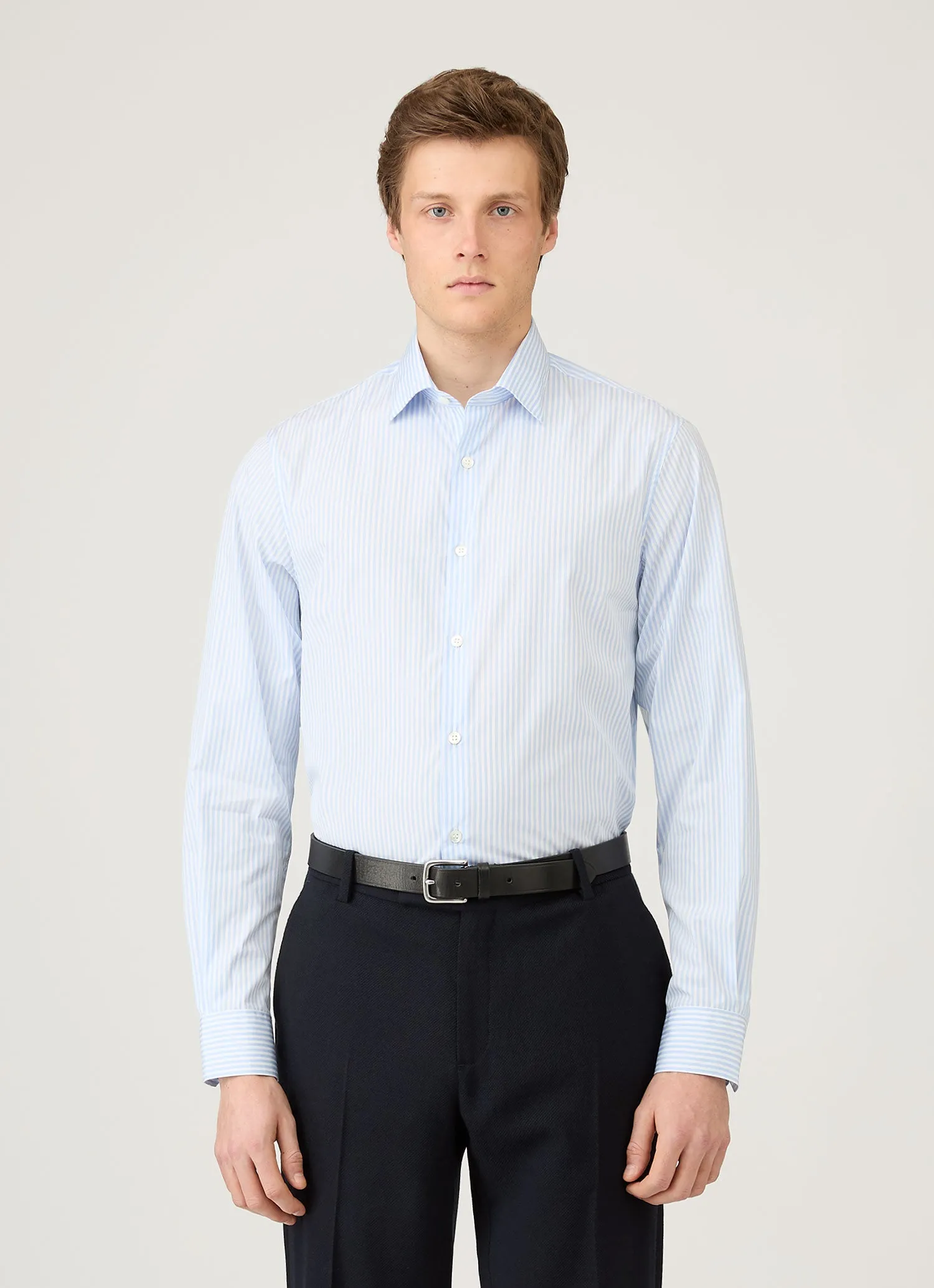 Men's Smart Poplin Shirt in White/Light Blue sold by Sunspel product image thumbnail 2