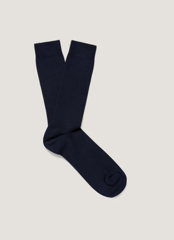 Men's Cotton Ribbed Socks in Navy sold by Sunspel