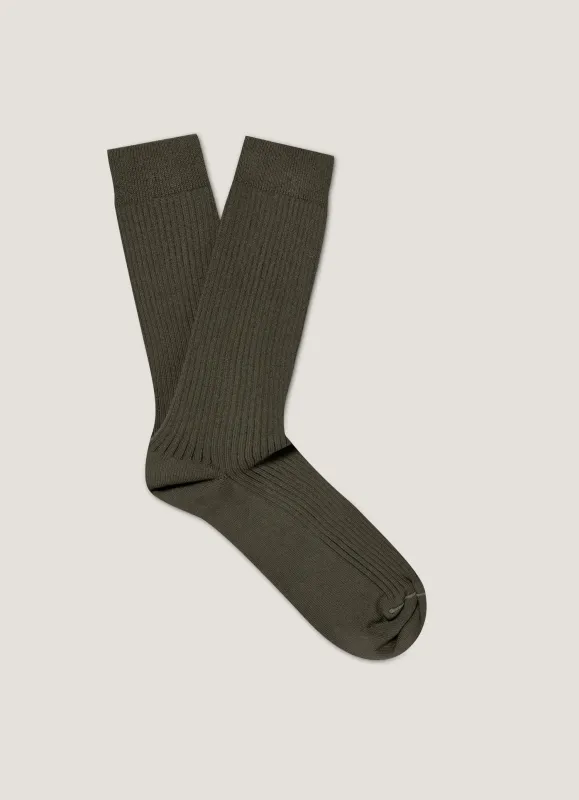 Men's Cotton Ribbed Socks in Khaki sold by Sunspel