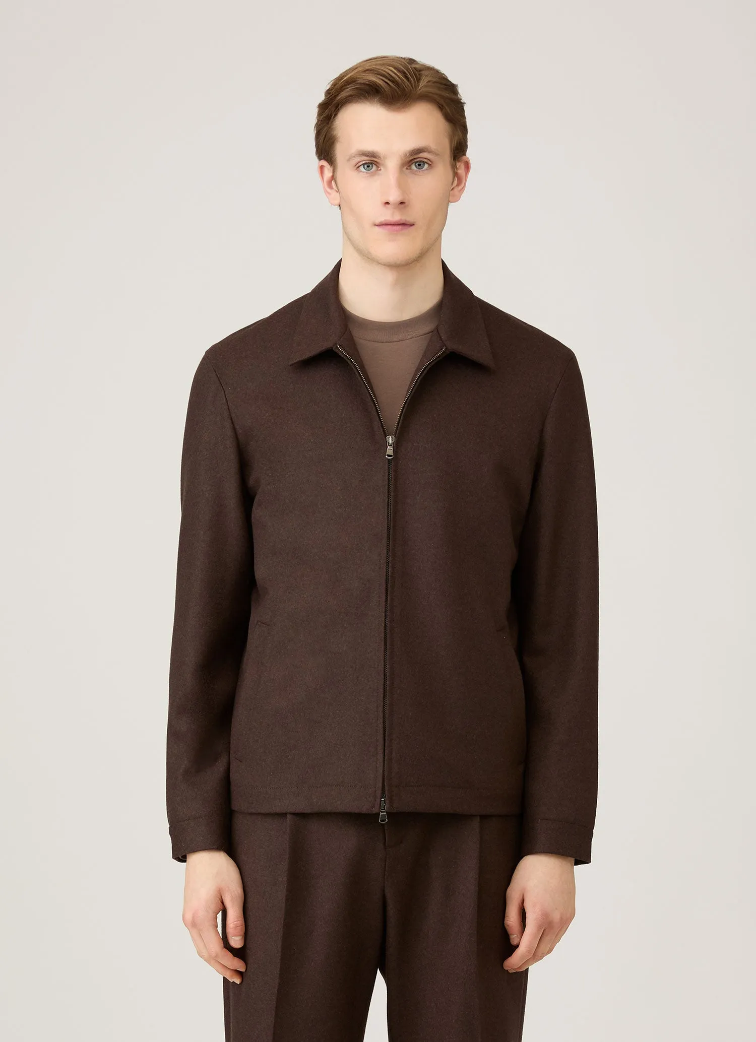 Men's Boiled Wool Harrington Jacket in Truffle sold by Sunspel product image thumbnail 2