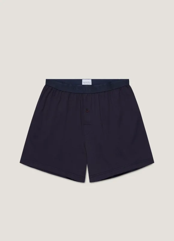 Men's Superfine Cotton One-Button Boxer Shorts in Navy sold by Sunspel