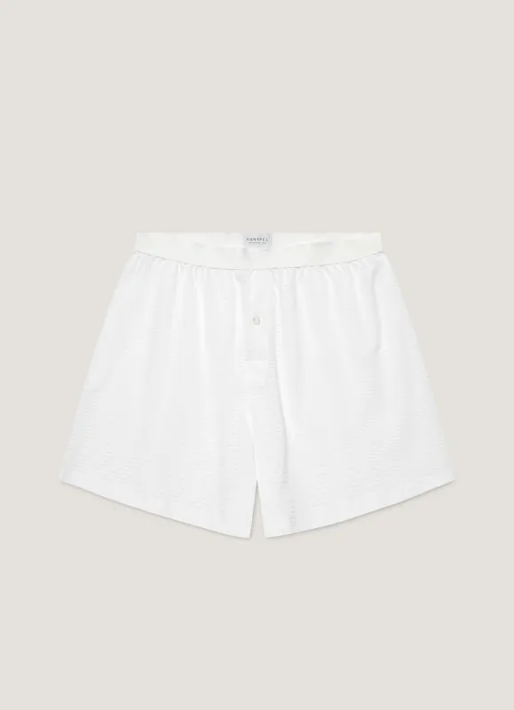 Men's Cellular Cotton One-Button Boxer Short in White sold by Sunspel