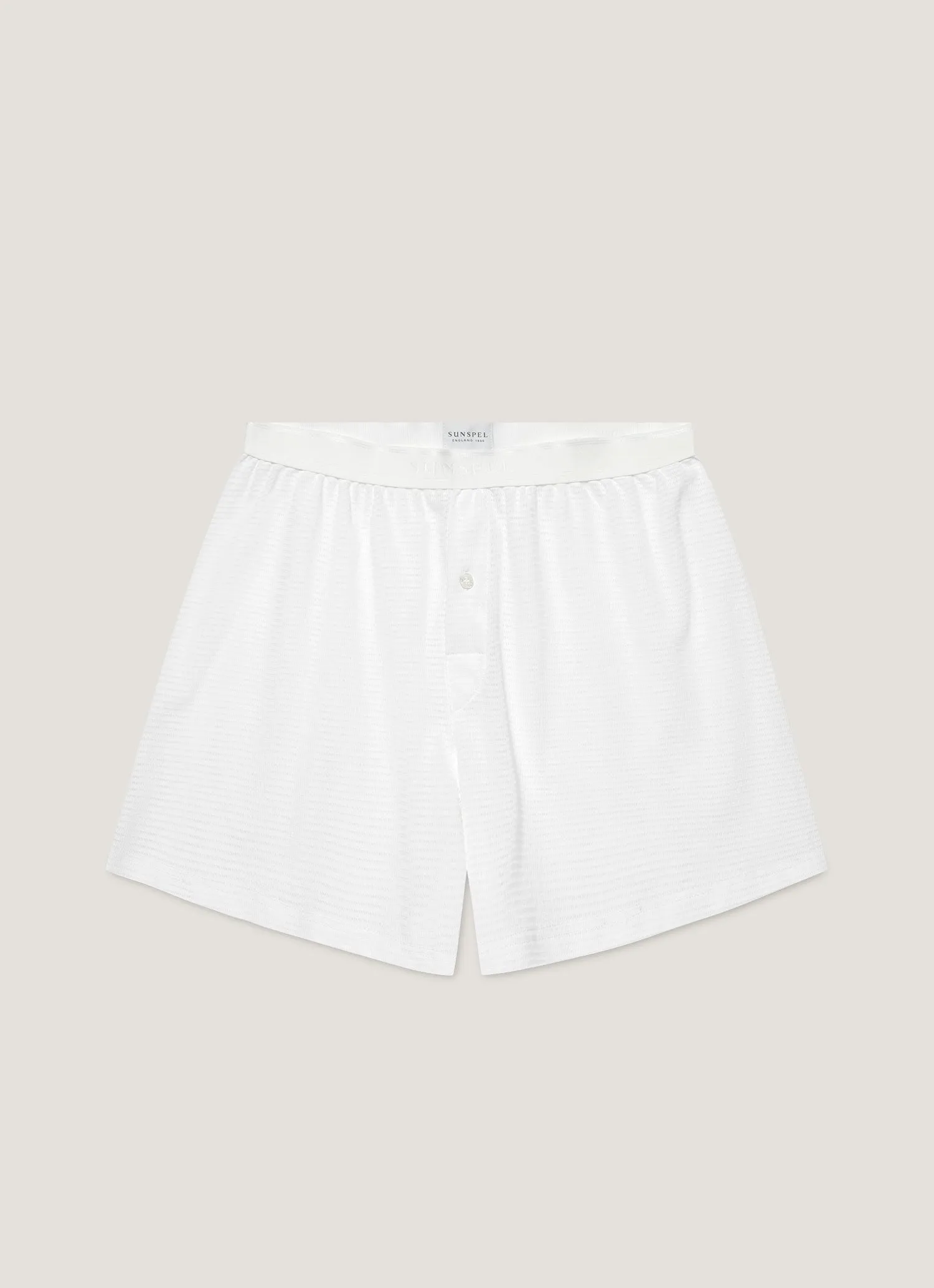 Men's Cellular Cotton One-Button Boxer Short in White sold by Sunspel