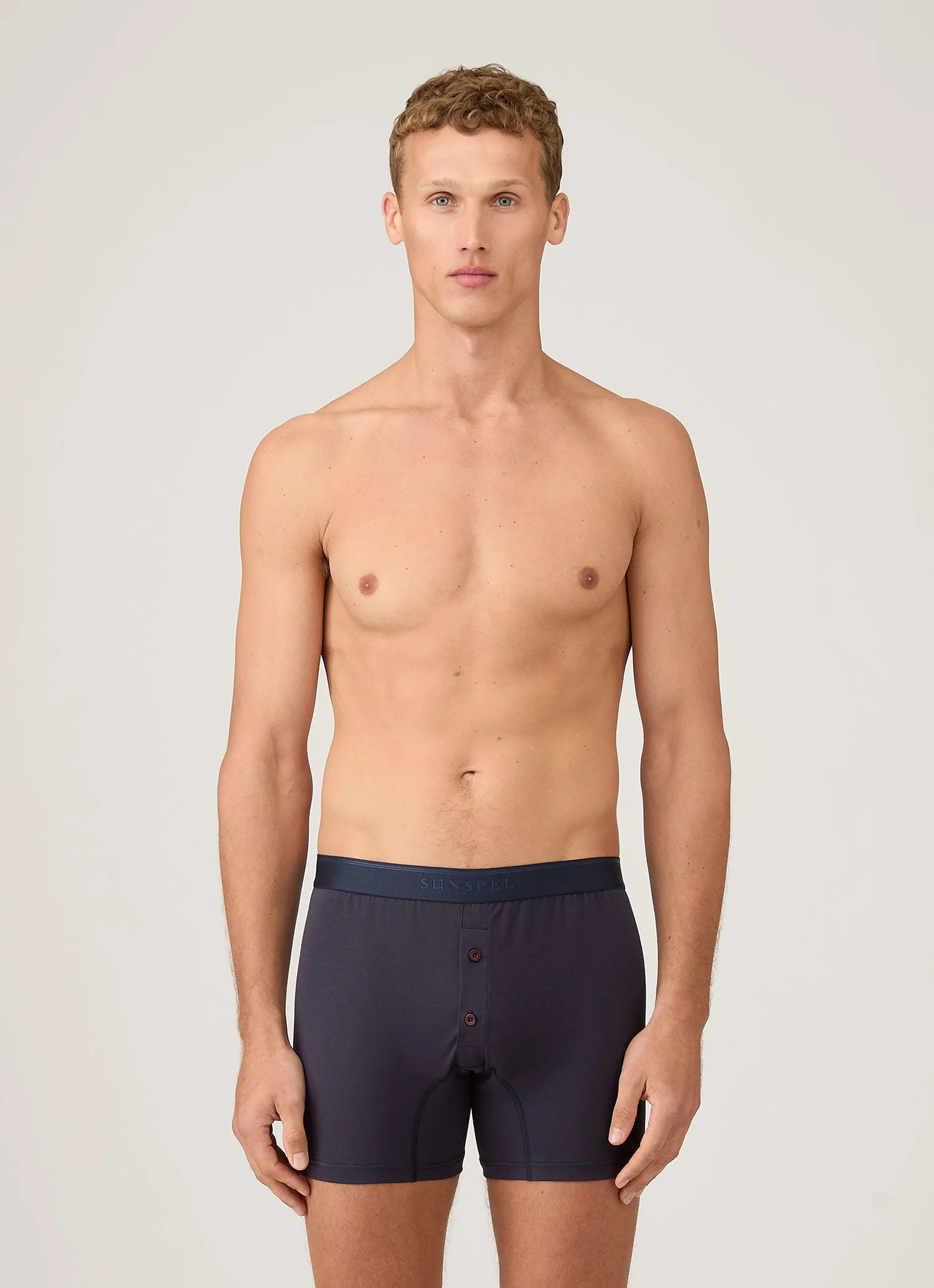 Men's Superfine Cotton Two-Button Boxer Briefs in Navy sold by Sunspel product image thumbnail 2