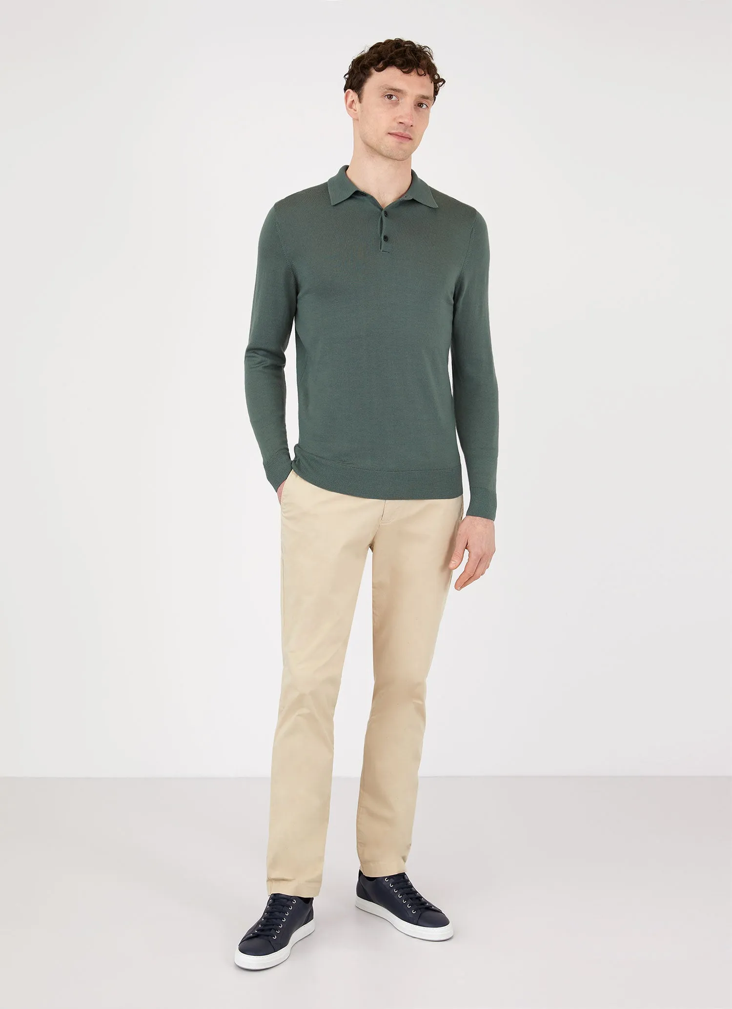 Men's Extra-Fine Merino Polo Shirt in Smoke Green sold by Sunspel product image thumbnail 3