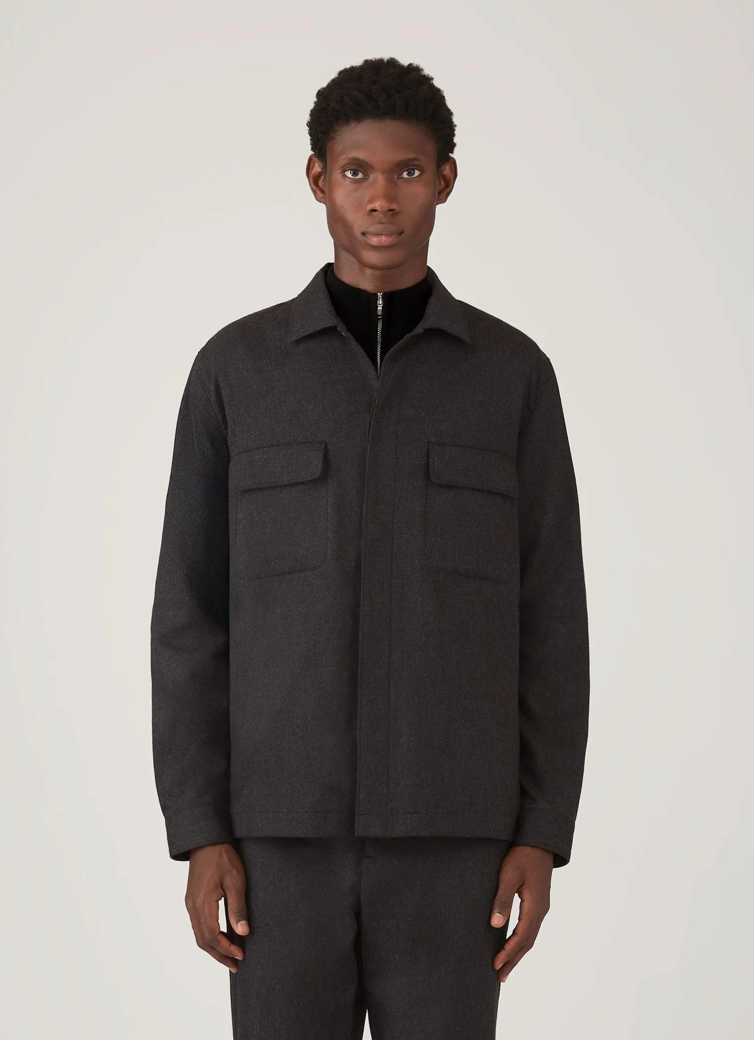 Men's Wool Cashmere Flannel Overshirt in Charcoal Melange sold by Sunspel product image thumbnail 2