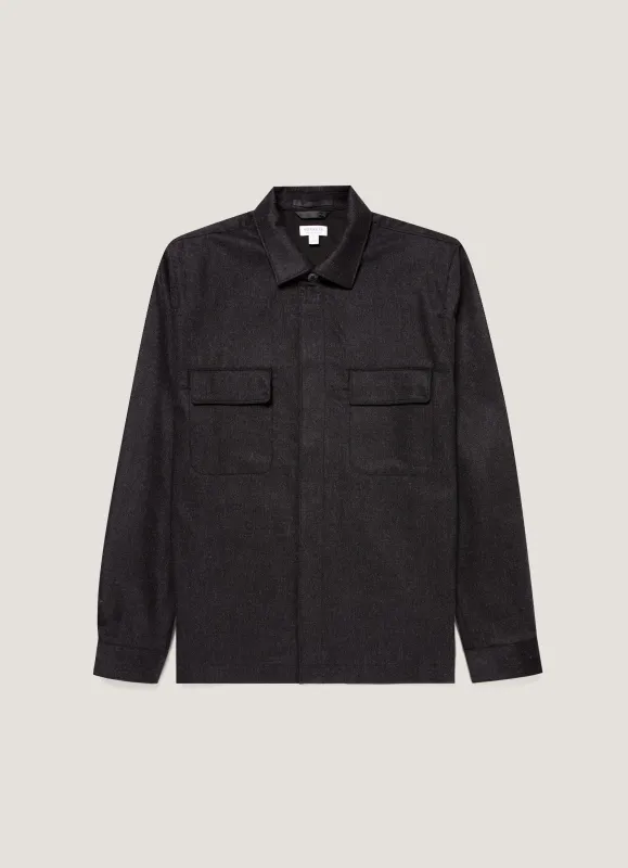 Men's Wool Cashmere Flannel Overshirt in Charcoal Melange sold by Sunspel