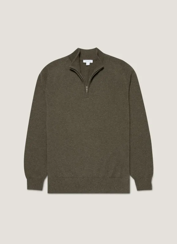 Men's Cashmere Half Zip Jumper in Khaki sold by Sunspel