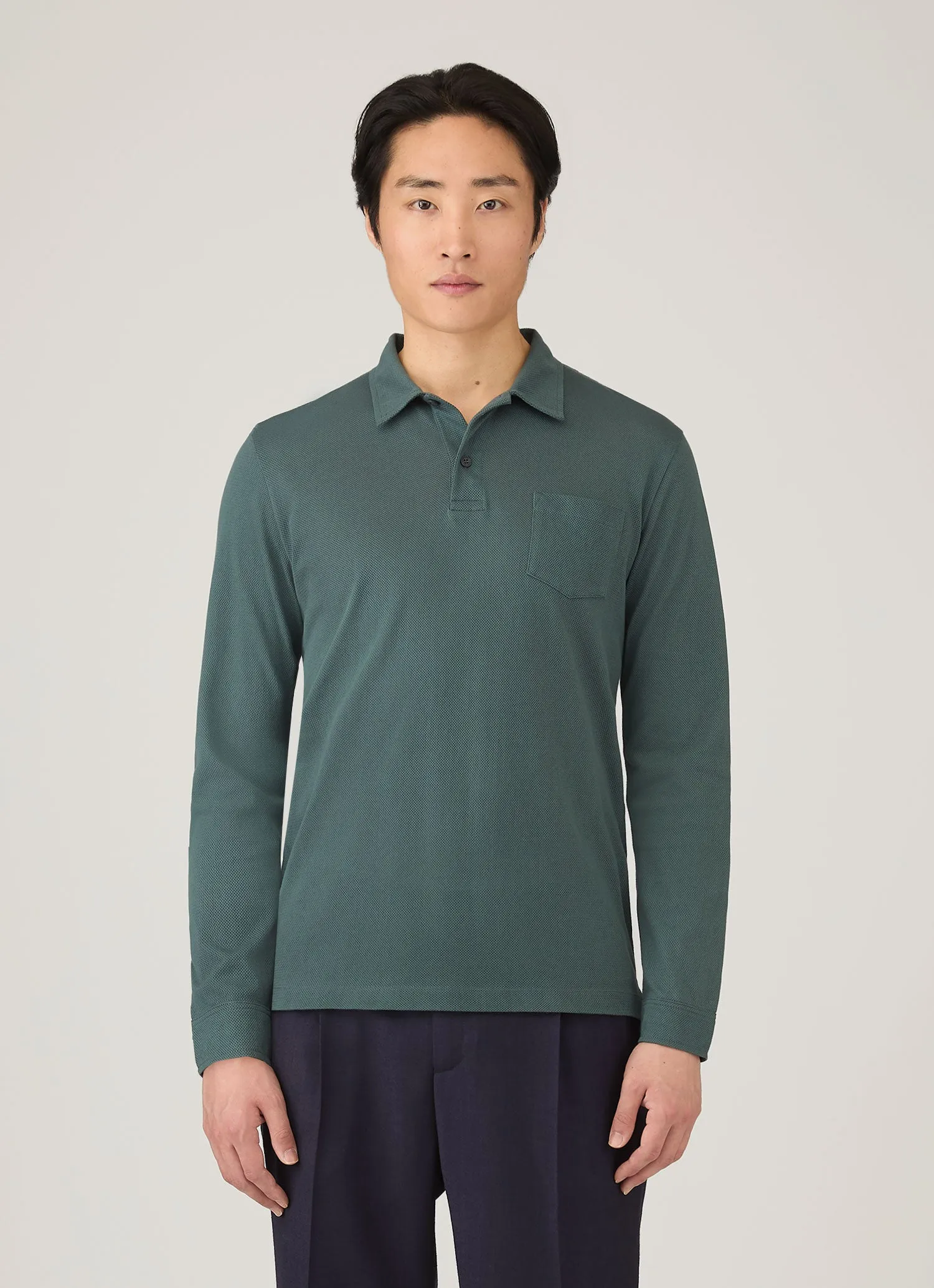 Men's Long Sleeve Riviera Polo Shirt in Dark Petrol sold by Sunspel product image thumbnail 2