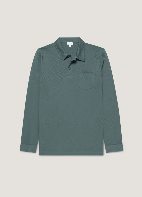 Men's Long Sleeve Riviera Polo Shirt in Dark Petrol sold by Sunspel