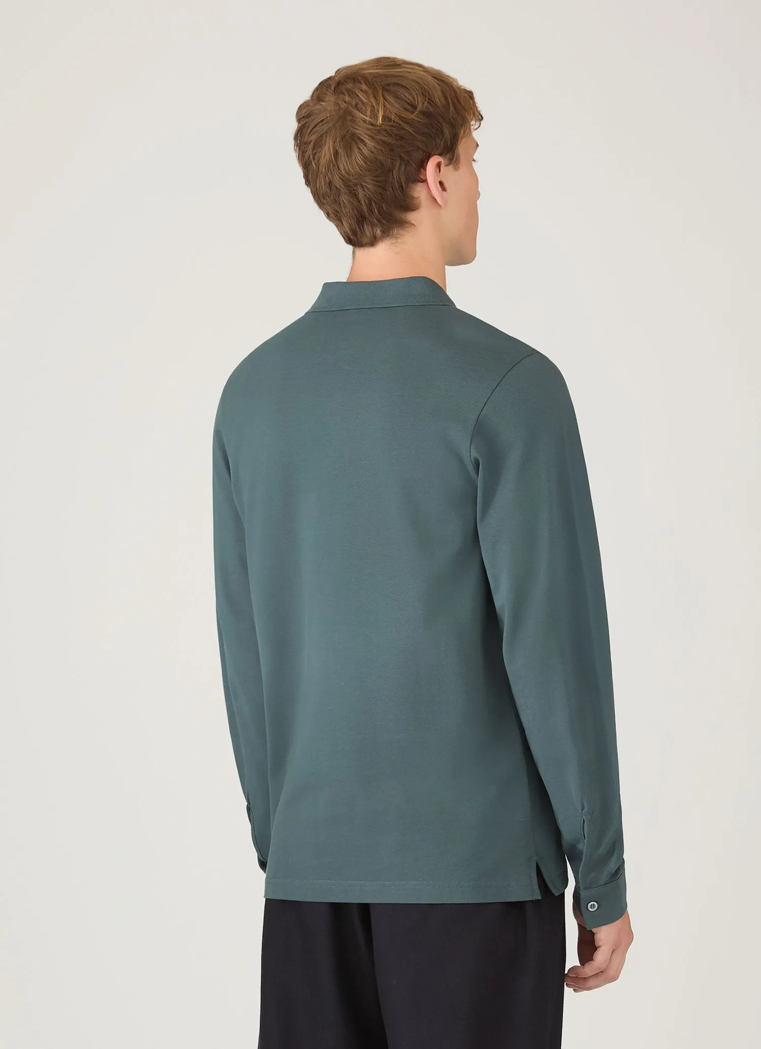 Men's Long Sleeve Piqué Polo Shirt in Dark Petrol sold by Sunspel product image thumbnail 5