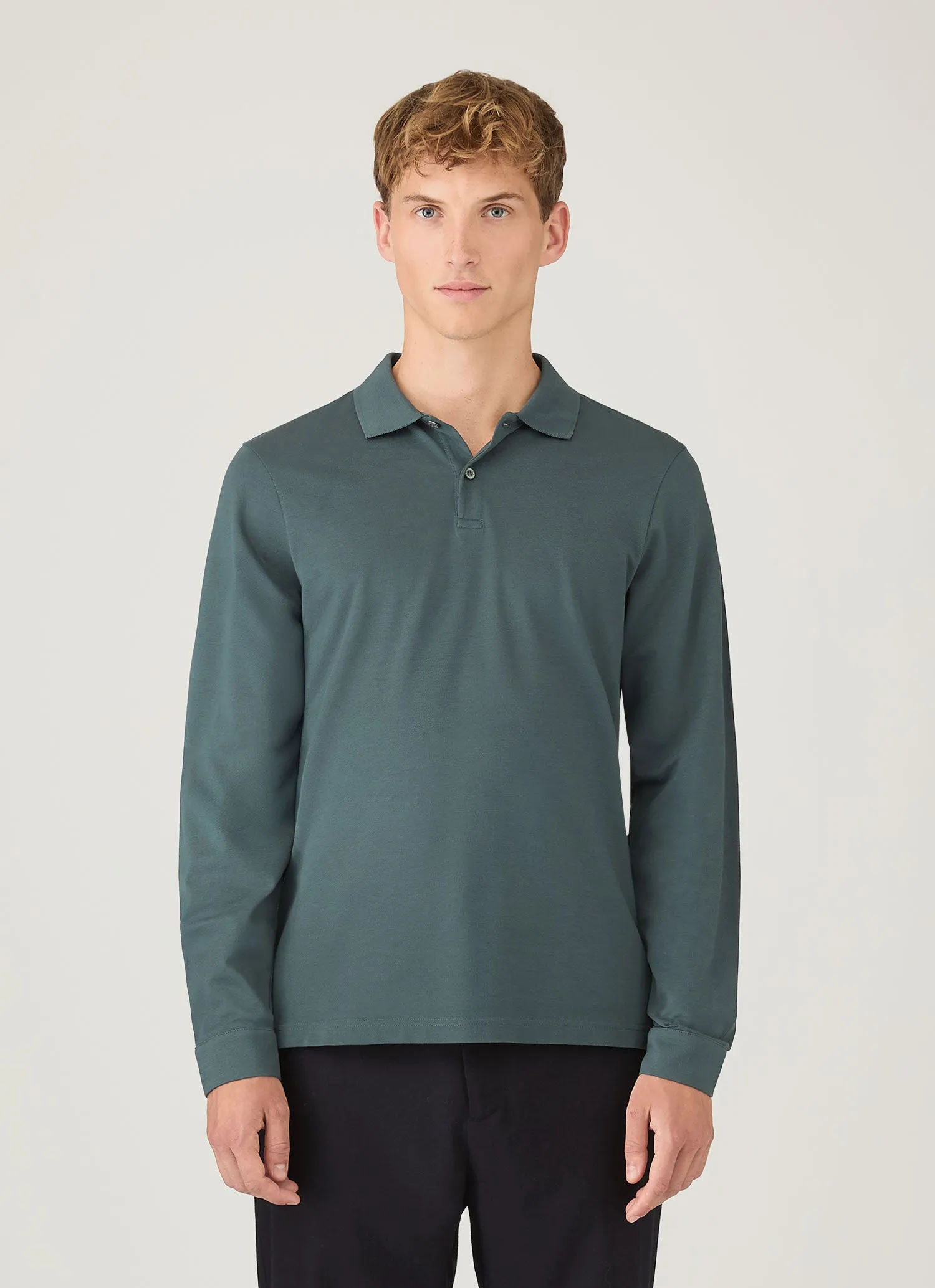 Men's Long Sleeve Piqué Polo Shirt in Dark Petrol sold by Sunspel product image thumbnail 2