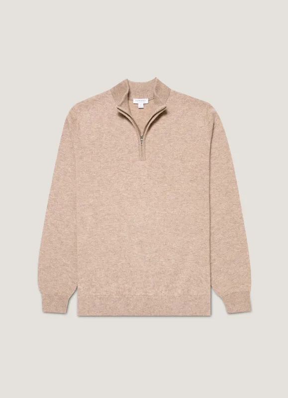 Men's Cashmere Half Zip Jumper in Oatmeal Melange sold by Sunspel