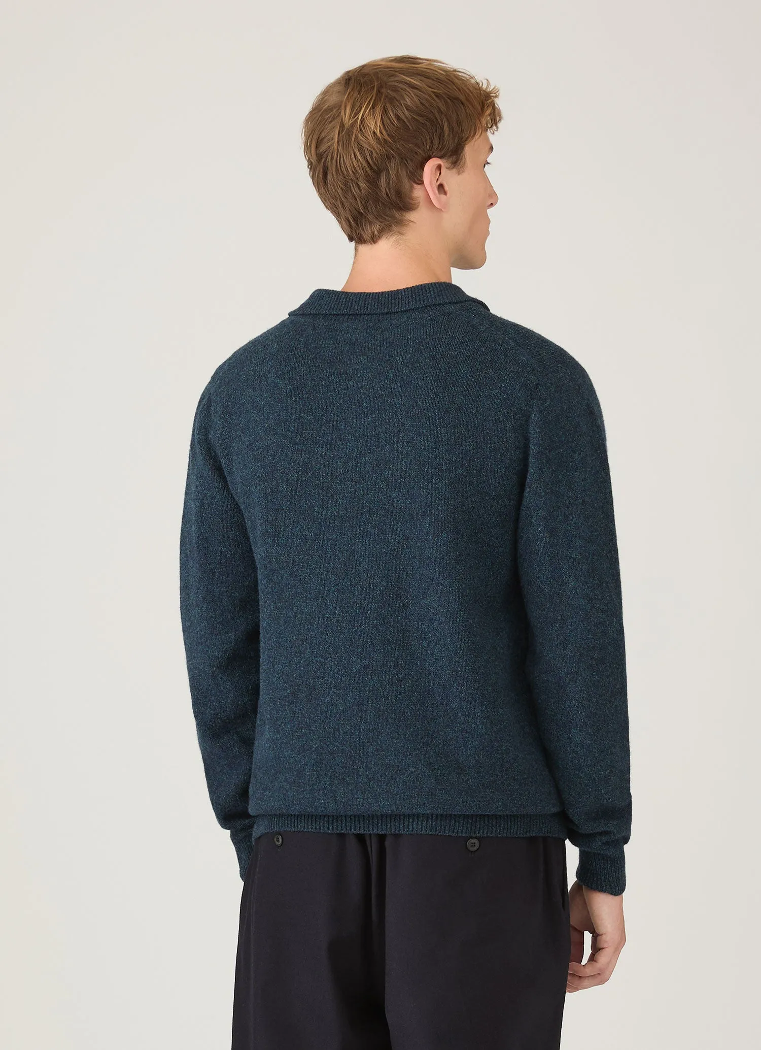 Men's Lambswool Knitted Polo Shirt in Dark Petrol Twist sold by Sunspel product image thumbnail 5