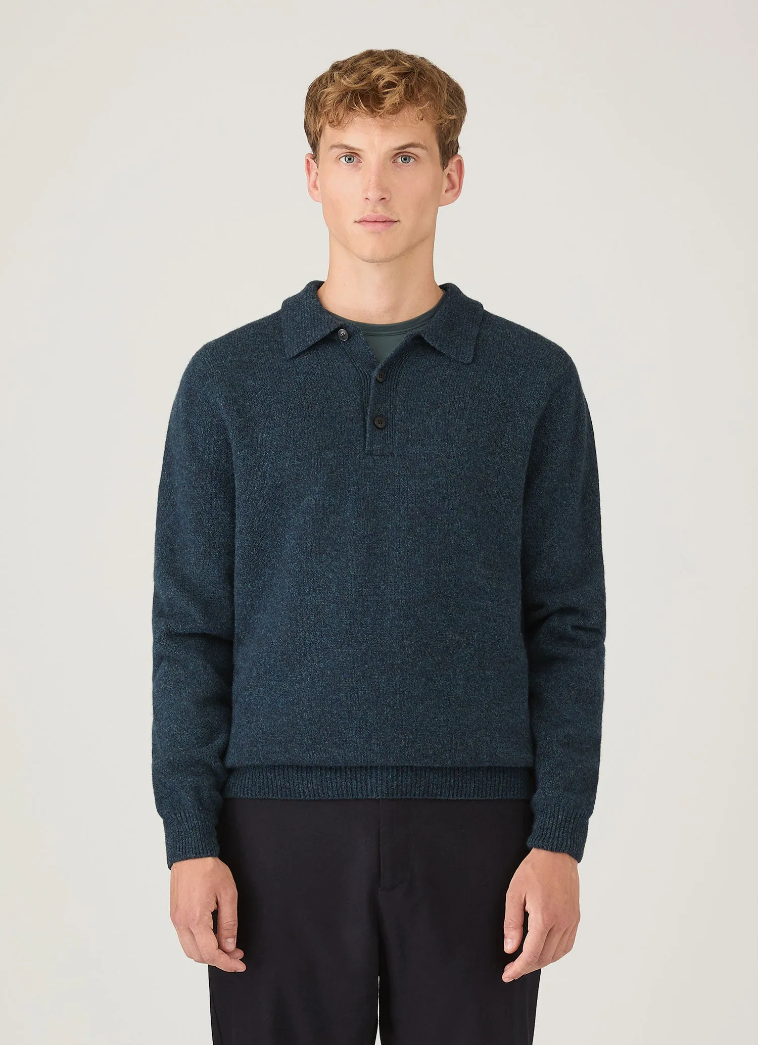 Men's Lambswool Knitted Polo Shirt in Dark Petrol Twist sold by Sunspel product image thumbnail 2