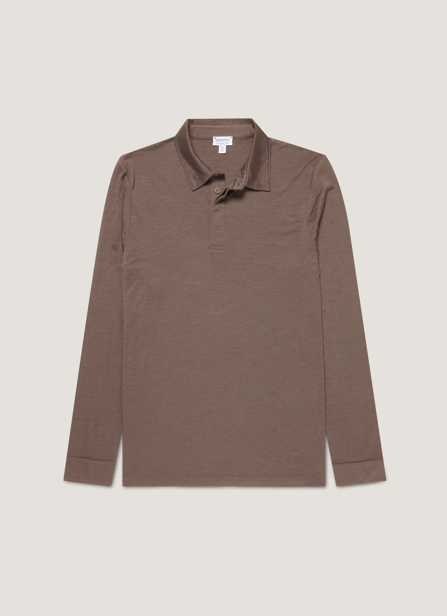 Men's Long Sleeve Ultra-Fine Merino Polo Shirt in Sandstone sold by Sunspel