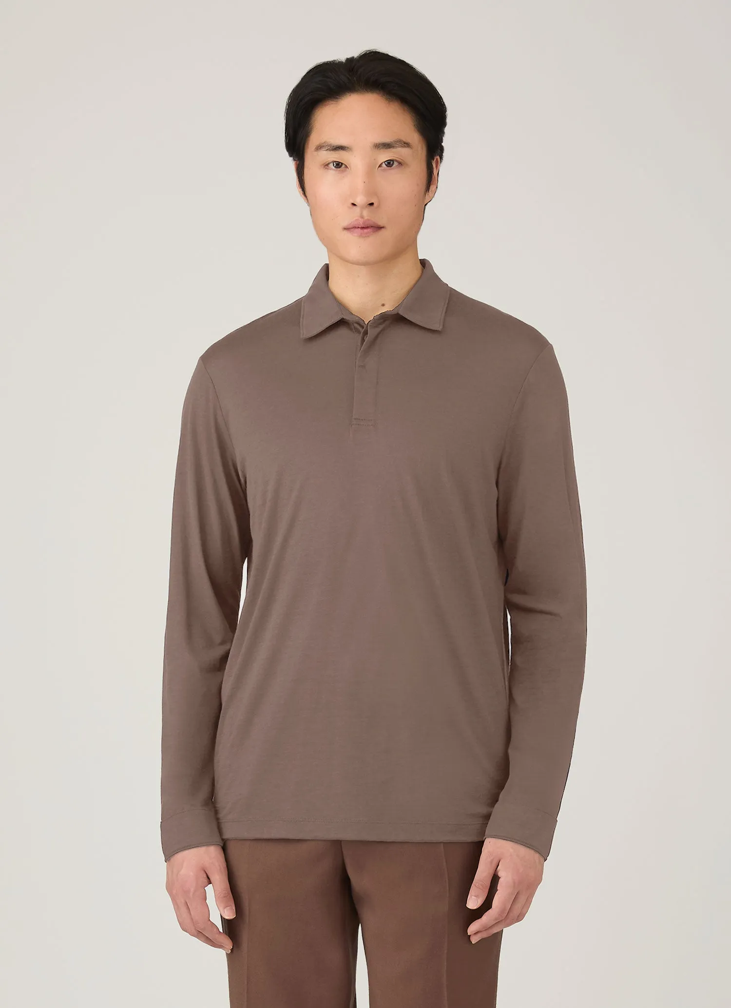 Men's Long Sleeve Ultra-Fine Merino Polo Shirt in Sandstone sold by Sunspel product image thumbnail 2