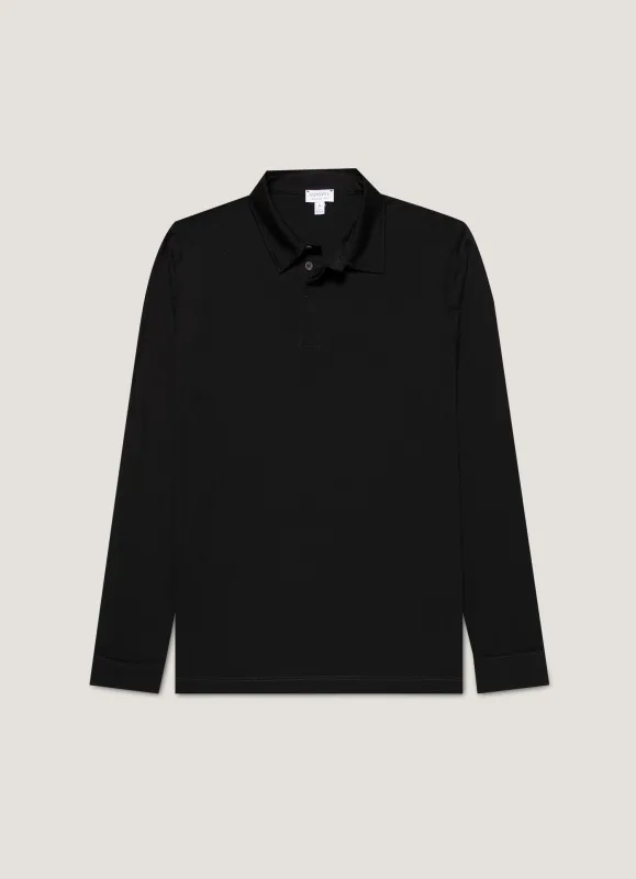 Men's Long Sleeve Ultra-Fine Merino Polo Shirt in Black sold by Sunspel