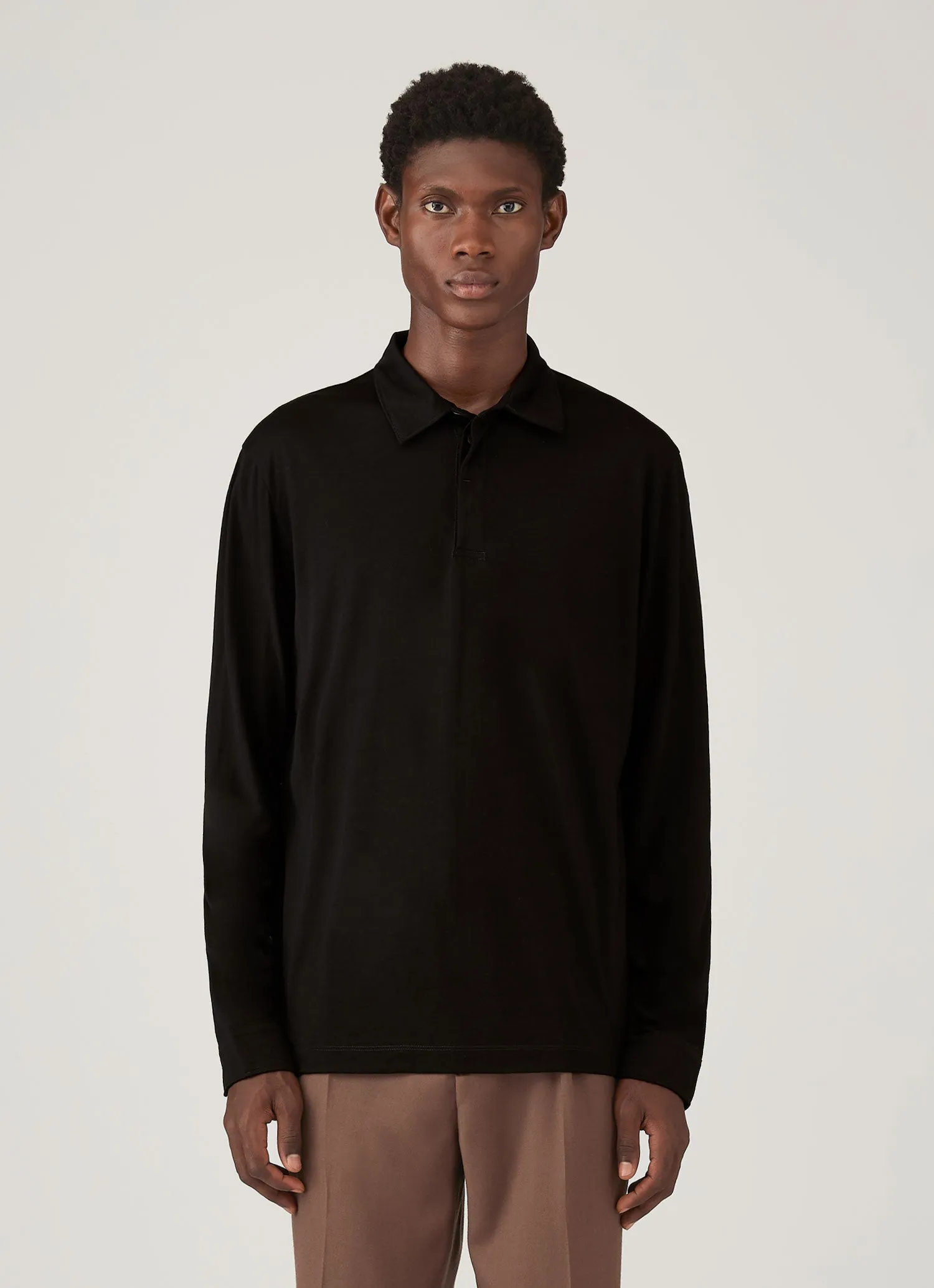 Men's Long Sleeve Ultra-Fine Merino Polo Shirt in Black sold by Sunspel product image thumbnail 2