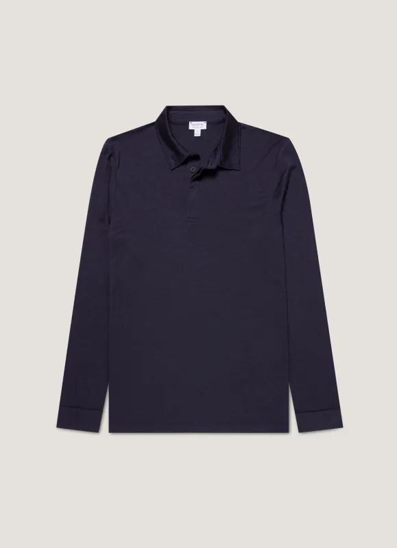 Men's Long Sleeve Ultra-Fine Merino Polo Shirt in Navy sold by Sunspel