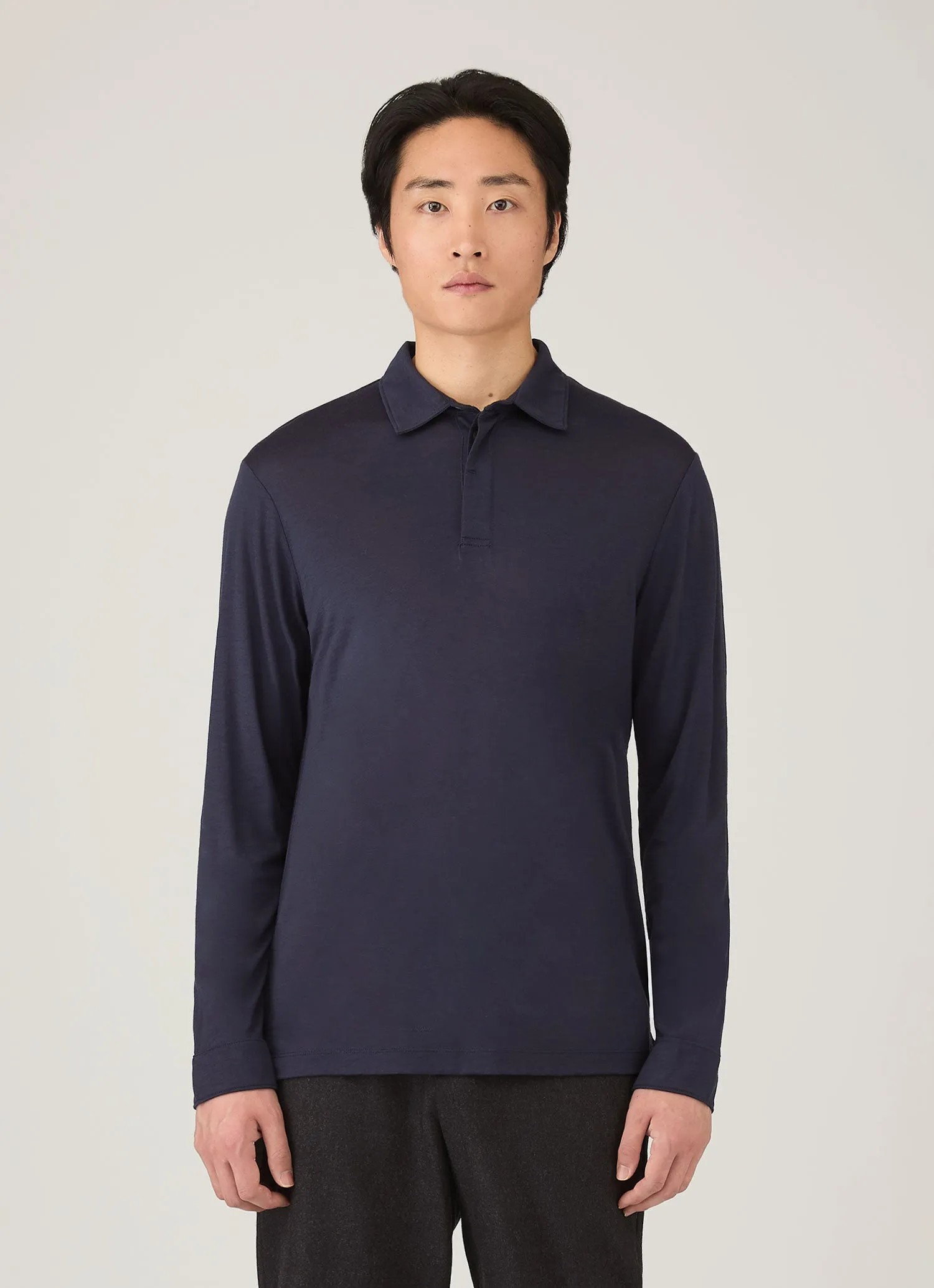 Men's Long Sleeve Ultra-Fine Merino Polo Shirt in Navy sold by Sunspel product image thumbnail 2