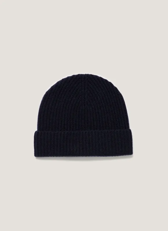 Cashmere Ribbed Hat in Navy sold by Sunspel