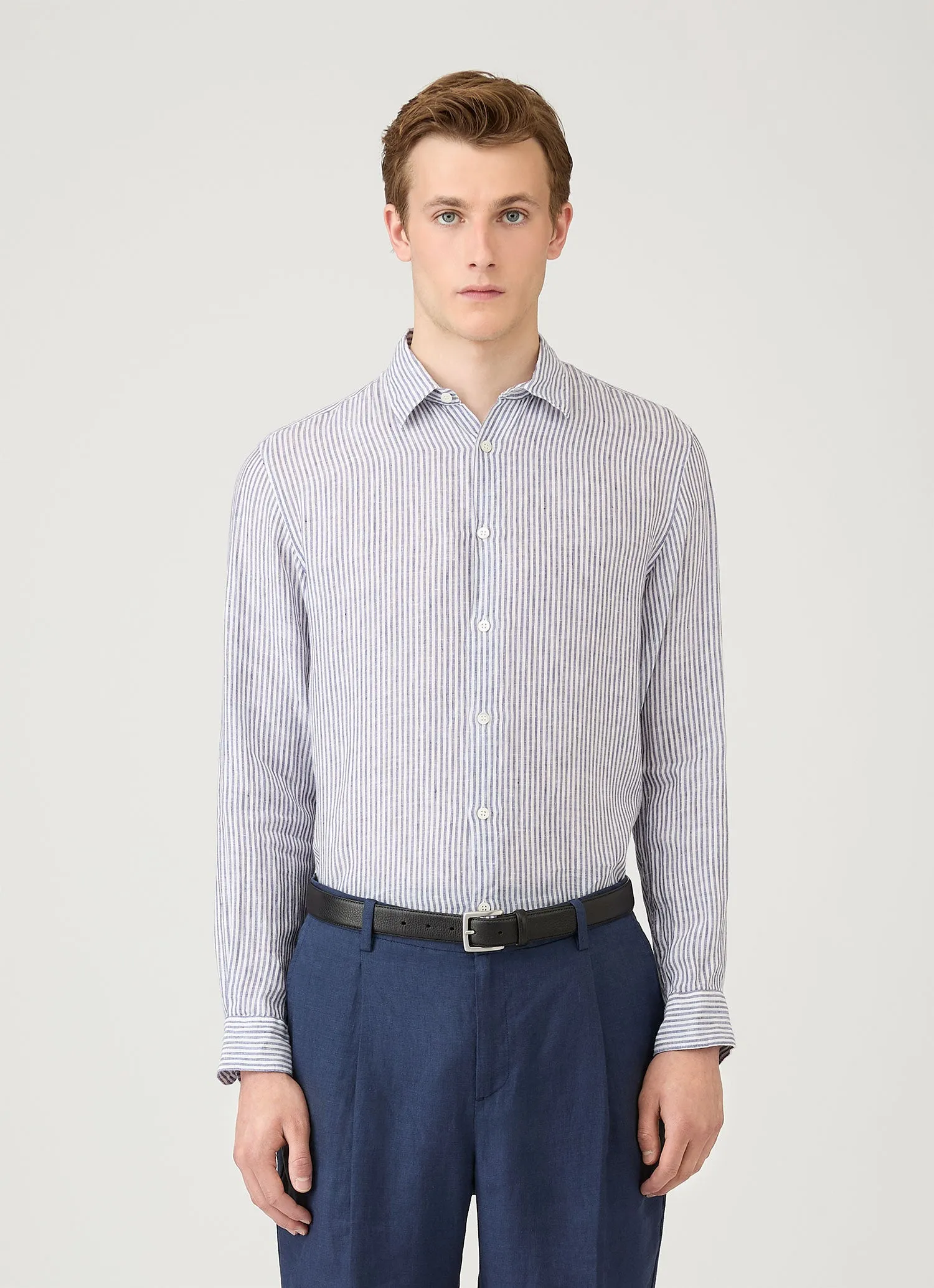 Men's Linen Shirt in White/Navy sold by Sunspel product image thumbnail 2