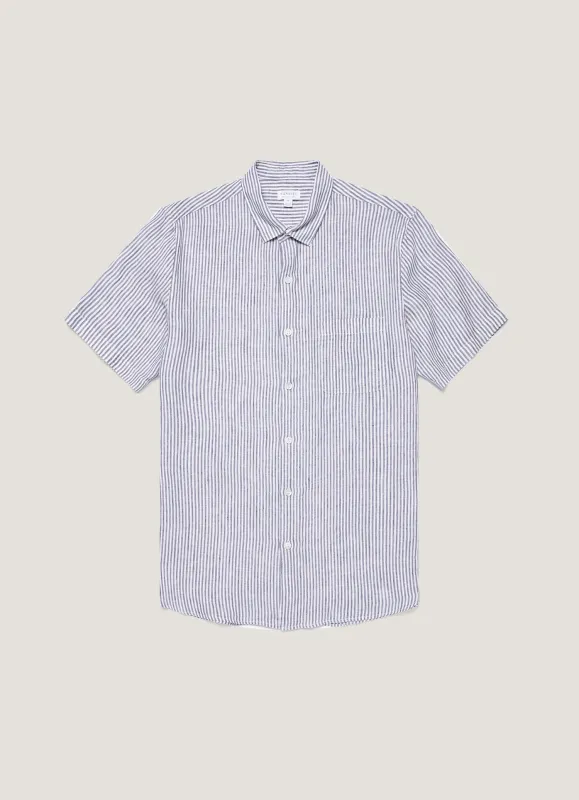 Men's Short Sleeve Linen Shirt in White/Navy sold by Sunspel