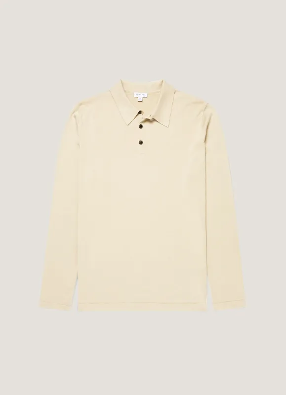 Men's Long Sleeve Sea Island Cotton Knit Polo Shirt in Hazelwood sold by Sunspel