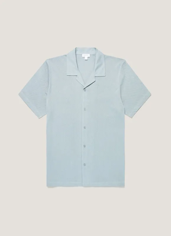 Men's Riviera Camp Collar Shirt in Stone Blue made by Sunspel
