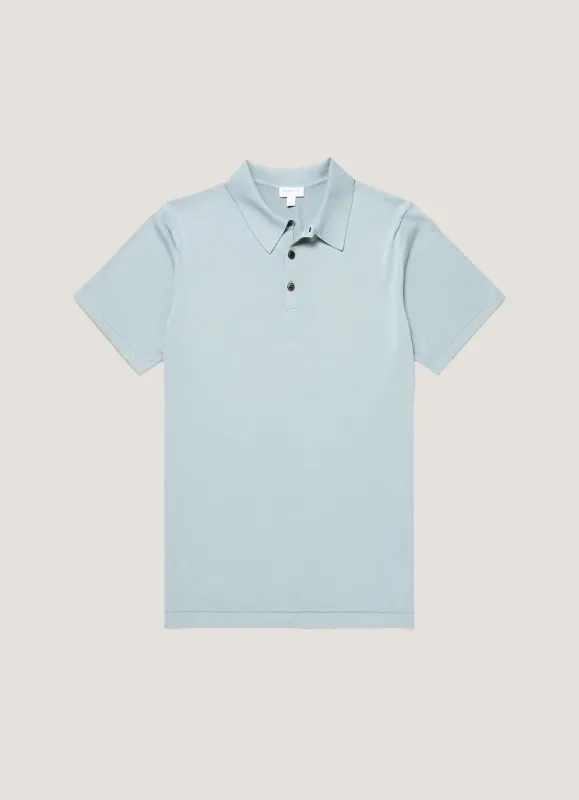 Men's Sea Island Cotton Knit Polo Shirt in Stone Blue sold by Sunspel