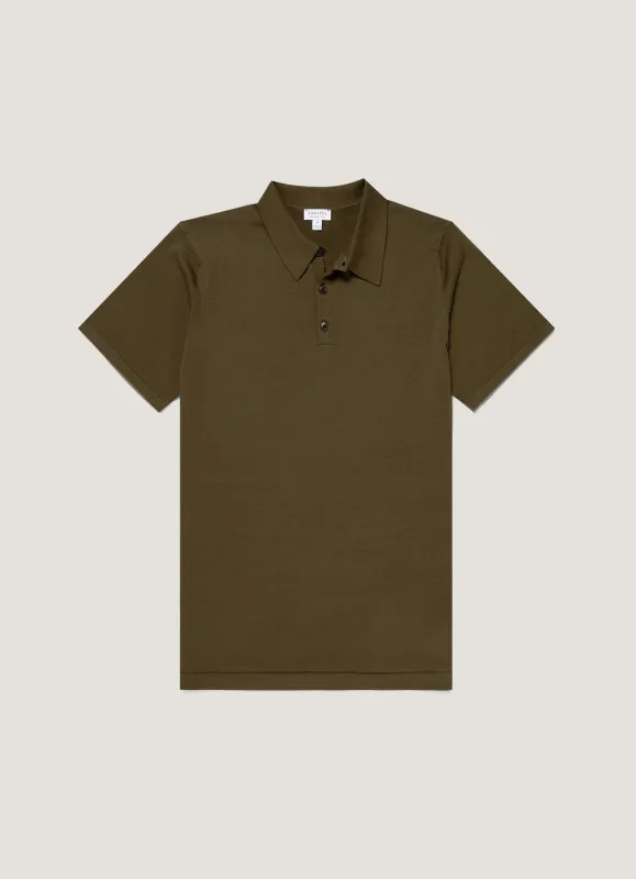 Men's Sea Island Cotton Knit Polo Shirt in Deep Olive sold by Sunspel