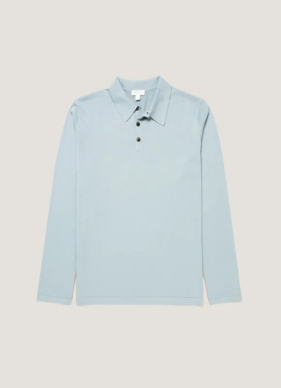 Men's Long Sleeve Sea Island Cotton Knit Polo Shirt in Stone Blue sold by Sunspel