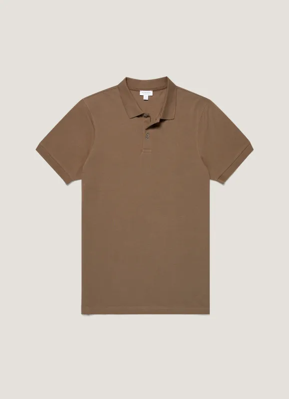 Men's Piqué Polo Shirt in Dark Cedar sold by Sunspel