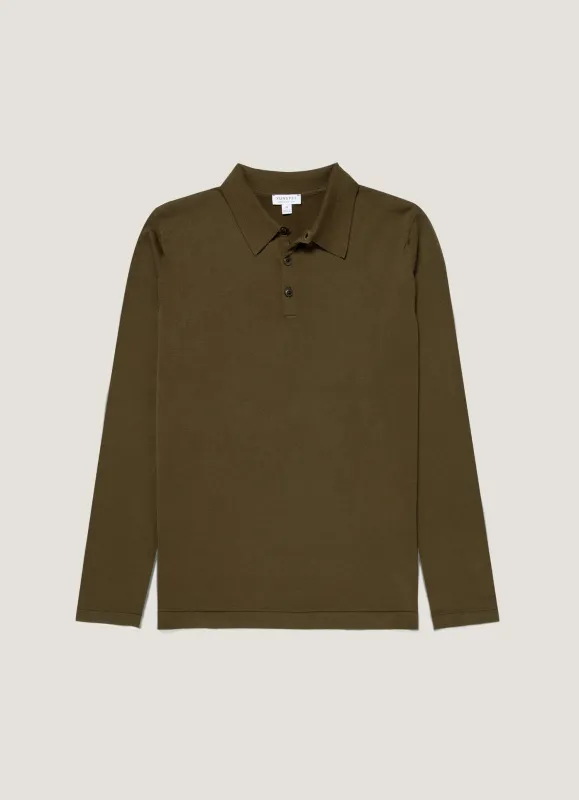 Men's Long Sleeve Sea Island Cotton Knit Polo Shirt in Deep Olive sold by Sunspel