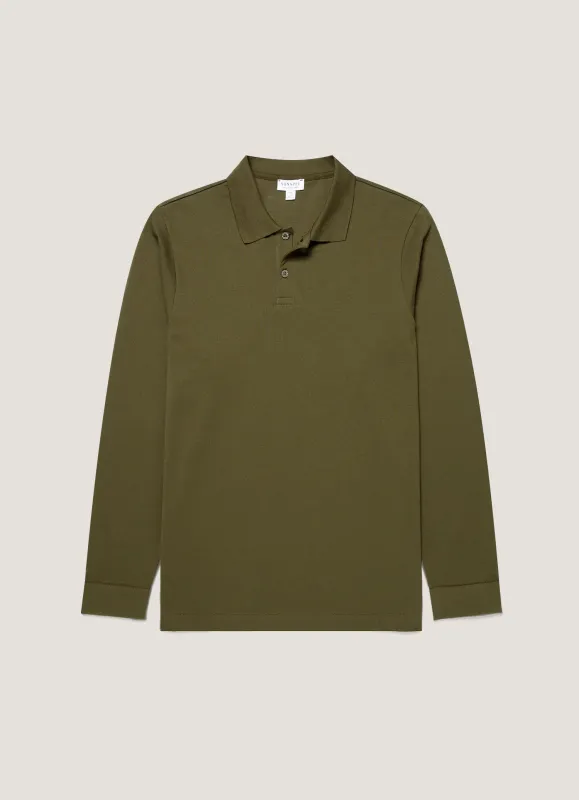 Men's Long Sleeve Piqué Polo Shirt in Deep Olive sold by Sunspel