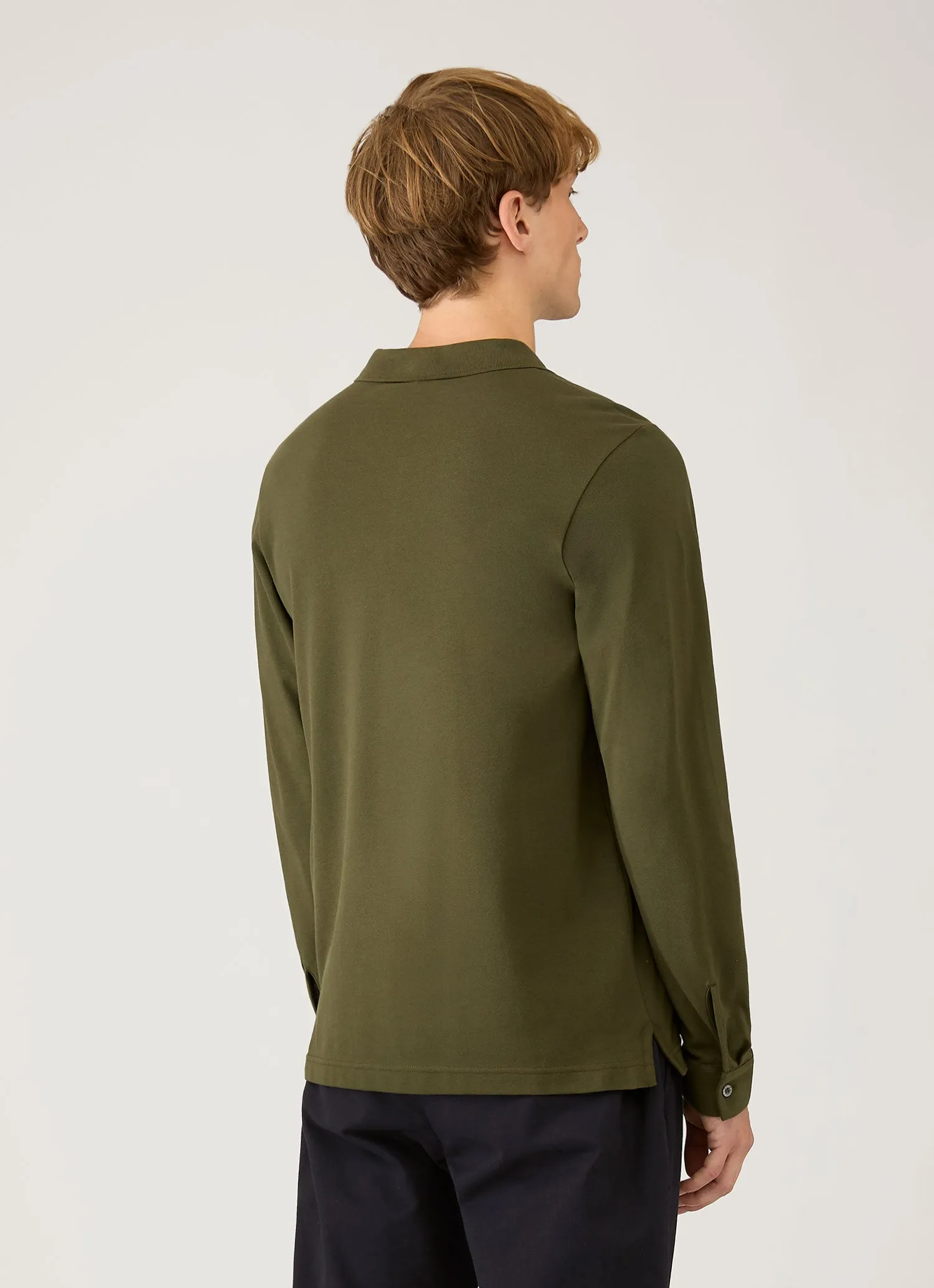 Men's Long Sleeve Piqué Polo Shirt in Deep Olive sold by Sunspel product image thumbnail 5