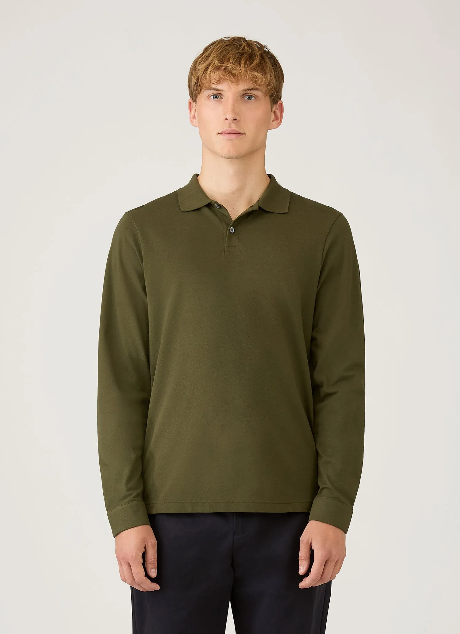 Men's Long Sleeve Piqué Polo Shirt in Deep Olive sold by Sunspel product image thumbnail 2