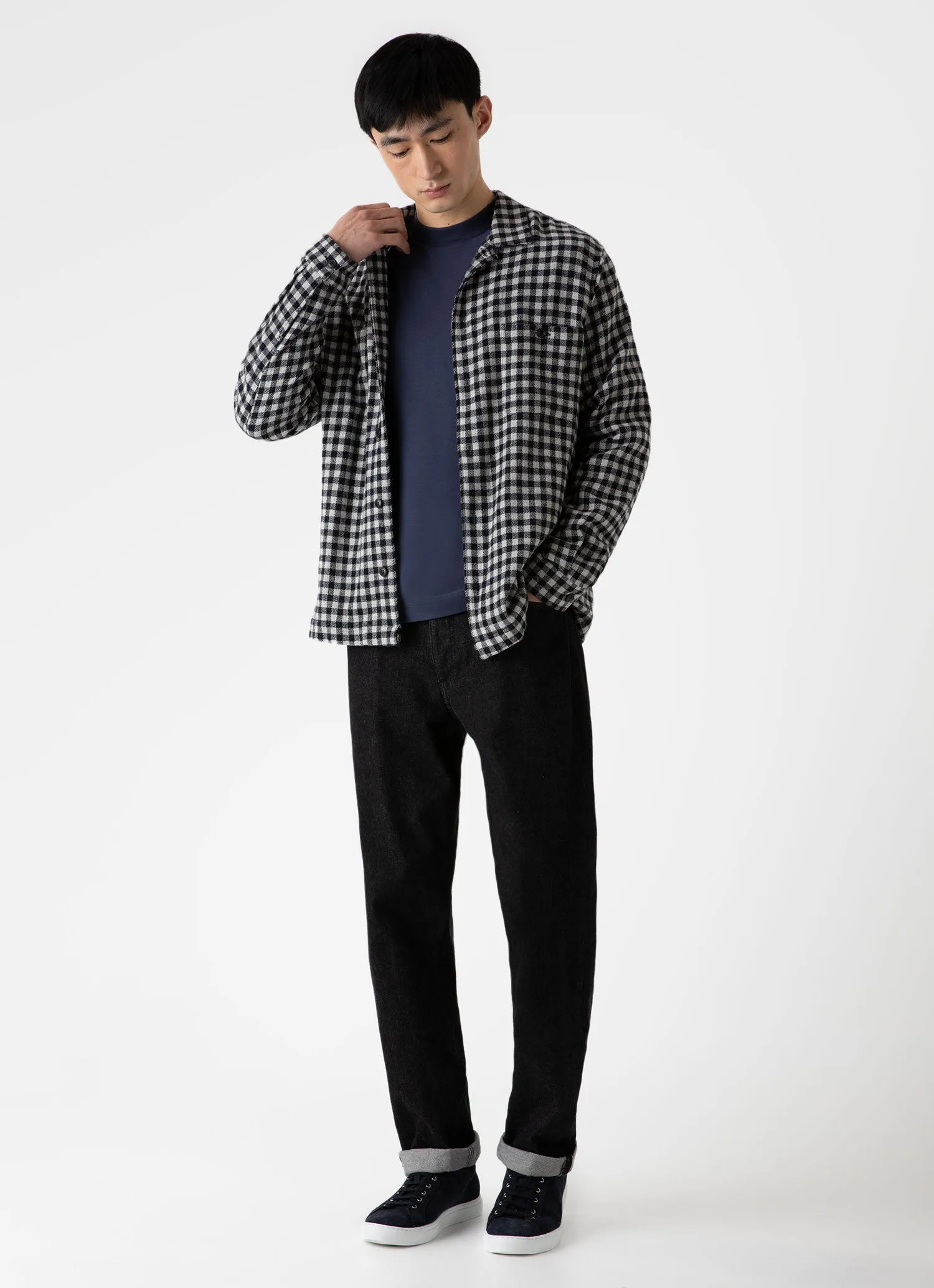 Men's Heavy Flannel Overshirt in Navy/Ecru Check sold by Sunspel product image thumbnail 3