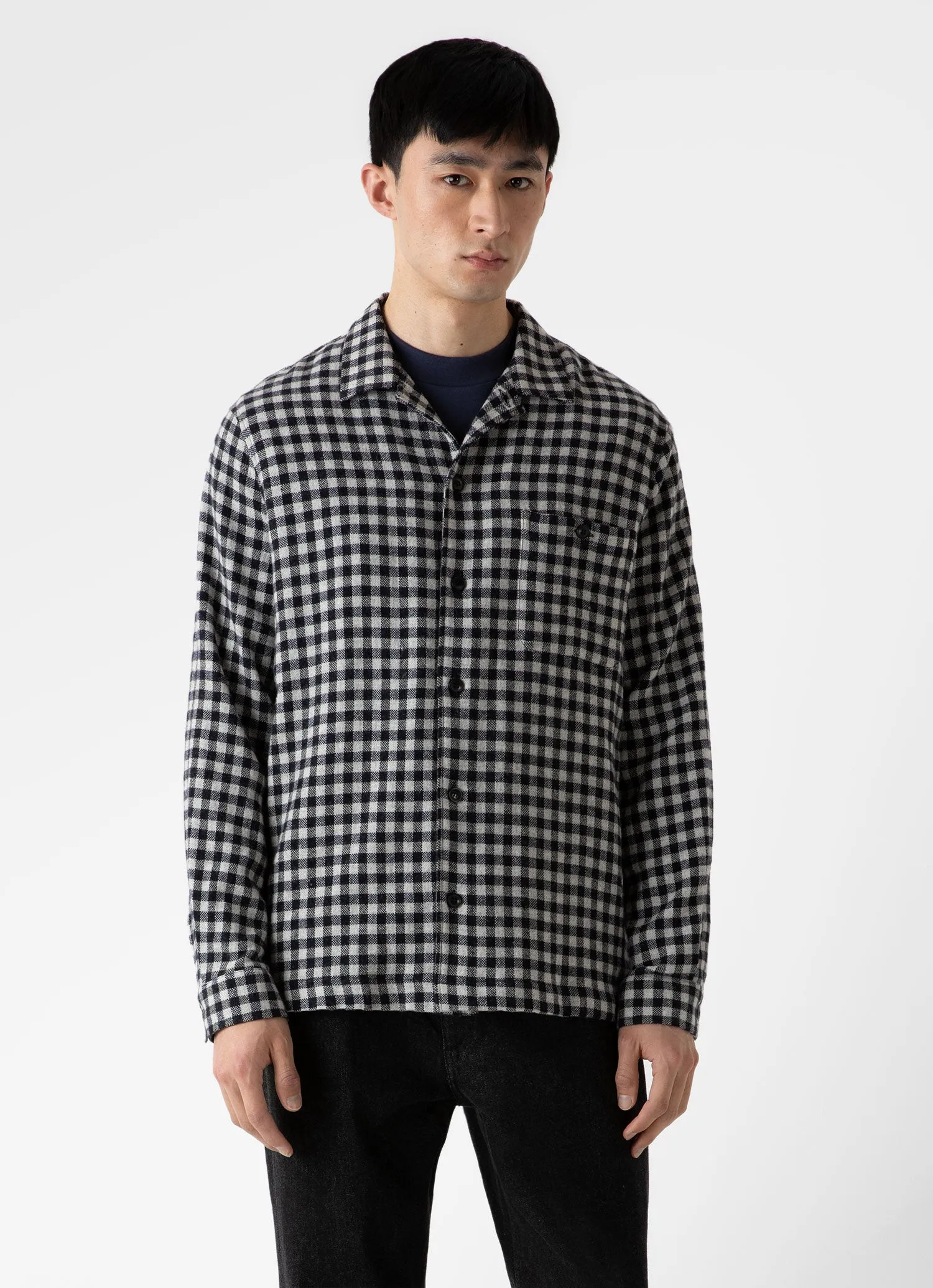 Men's Heavy Flannel Overshirt in Navy/Ecru Check sold by Sunspel product image thumbnail 2