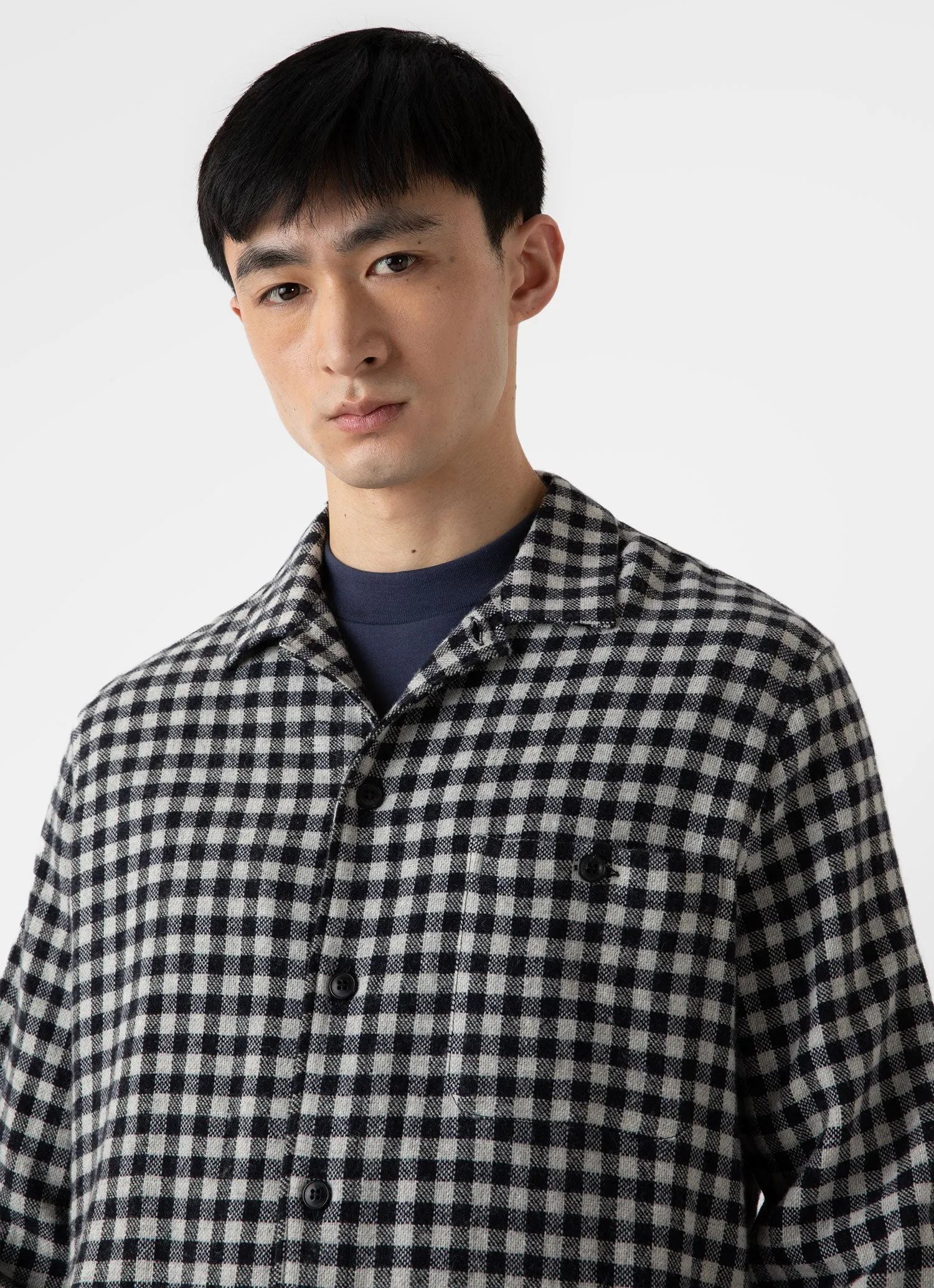 Men's Heavy Flannel Overshirt in Navy/Ecru Check sold by Sunspel product image thumbnail 5