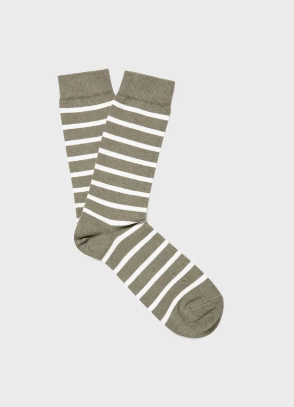 Men's Cotton Socks in Pale Khaki/Ecru Breton Stripe sold by Sunspel