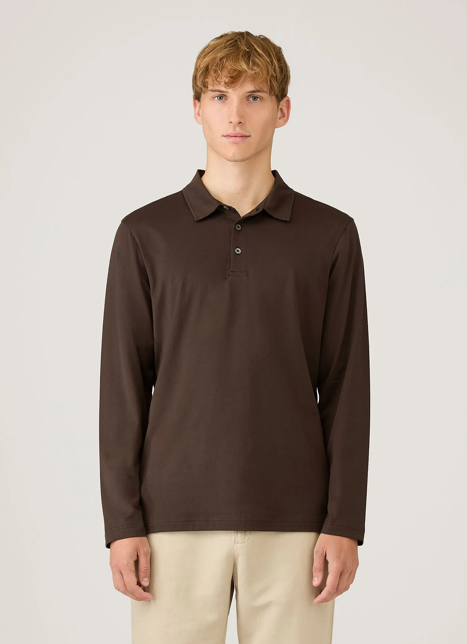 Men's Long Sleeve Classic Jersey Polo Shirt in Dark Chocolate sold by Sunspel product image thumbnail 2