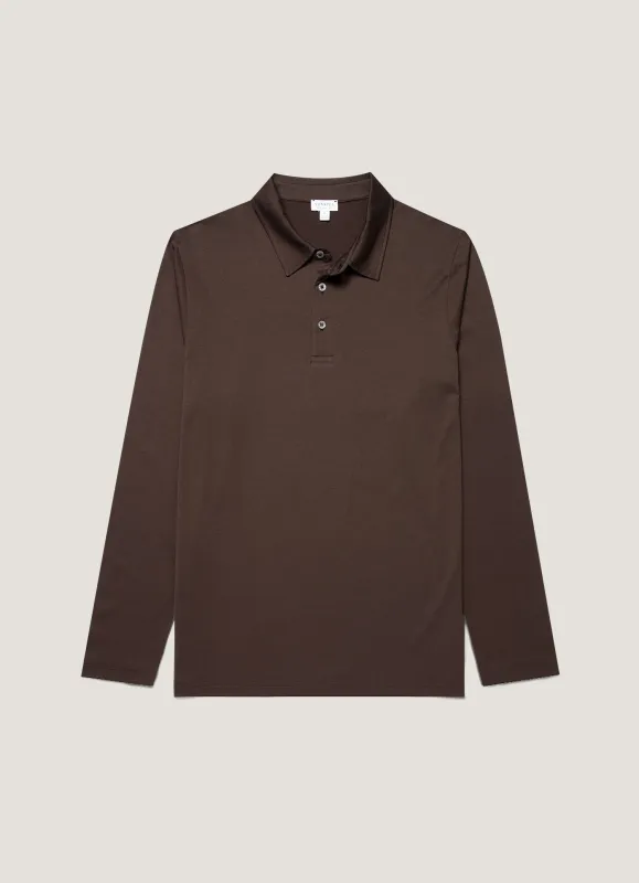 Men's Long Sleeve Classic Jersey Polo Shirt in Dark Chocolate sold by Sunspel