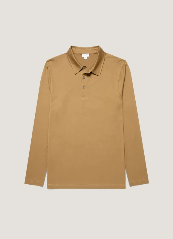 Men's Long Sleeve Classic Jersey Polo Shirt in Walnut sold by Sunspel
