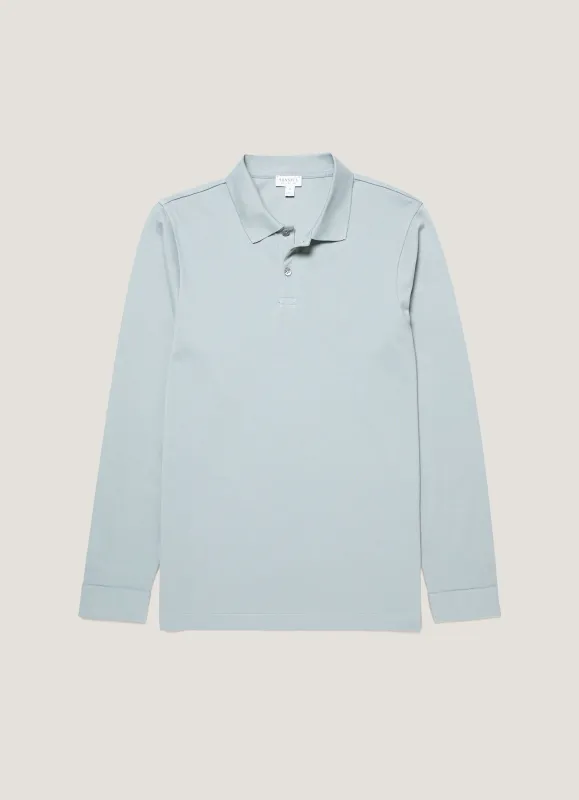Men's Long Sleeve Piqué Polo Shirt in Stone Blue sold by Sunspel