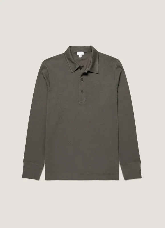 Men's Long Sleeve Cellulock Polo Shirt in Charcoal sold by Sunspel