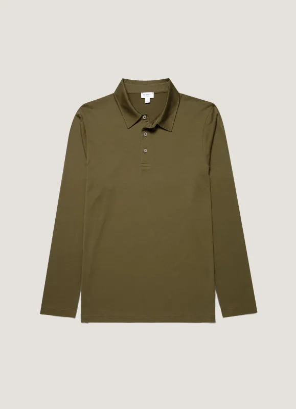 Men's Long Sleeve Classic Jersey Polo Shirt in Deep Olive sold by Sunspel
