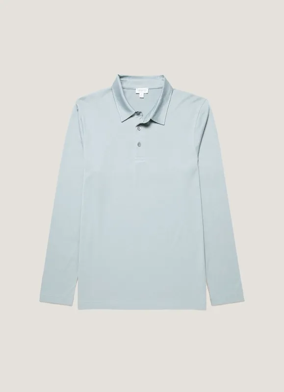 Men's Long Sleeve Classic Jersey Polo Shirt in Stone Blue sold by Sunspel