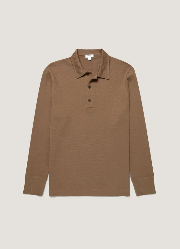 Men's Long Sleeve Cellulock Polo Shirt in Dark Cedar sold by Sunspel